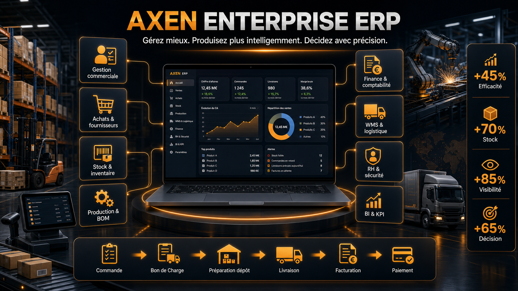 Vue premium AXEN Enterprise ERP reliant gestion commerciale, achats, stock, production, finance, WMS, RH, BI et workflow opérationnel
