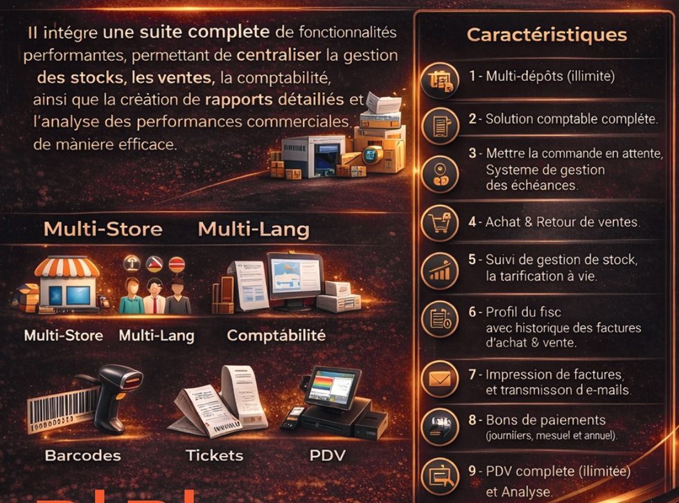 Fonctionnalités AXEN ERP : multi-magasin, comptabilité, codes-barres, tickets et POS
