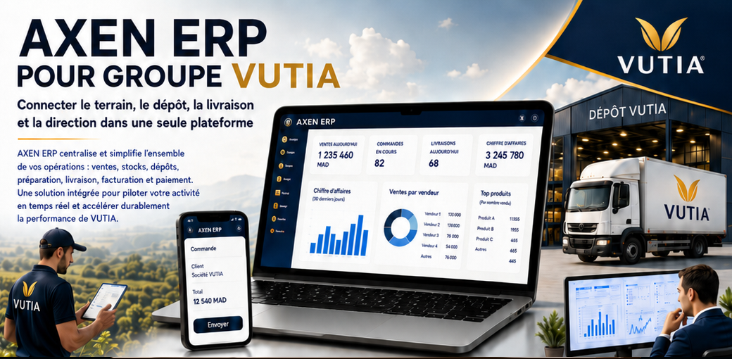 Tableau de bord AXEN ERP pour les opérations terrain, dépôt, livraison et direction du Groupe VUTIA